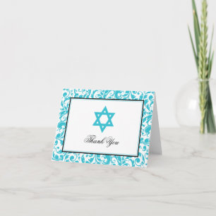 Teal Blue Swirl Damask Star of David Thank You Card