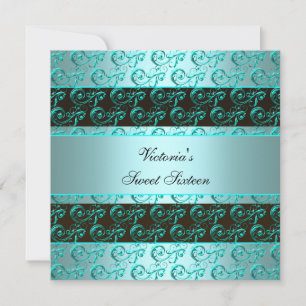 Teal Blue Swirls Elegant Sweet Sixteen Invitation