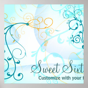 Teal Blue Swirls Sweet Sixteen Birthday Banner Poster