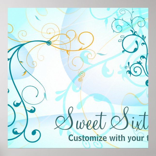 Teal Blue Swirls Sweet Sixteen Birthday Banner Poster (Front)
