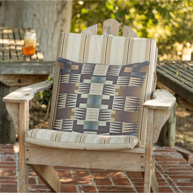 Teal Blue Tan Taupe Beige Dark Brown Tribal Art Cushion (Chair)