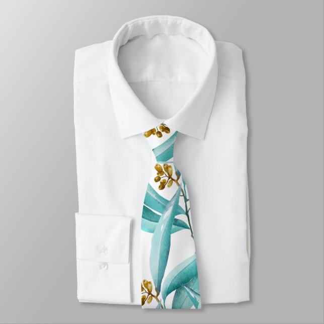 Teal blue tan watercolor foliage summer pattern tie (Tied)