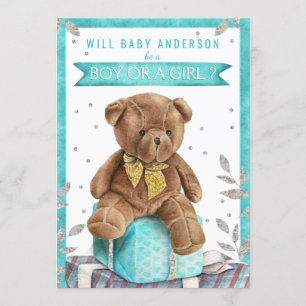Teal Blue Teddy Bear Gender Reveal Invitations