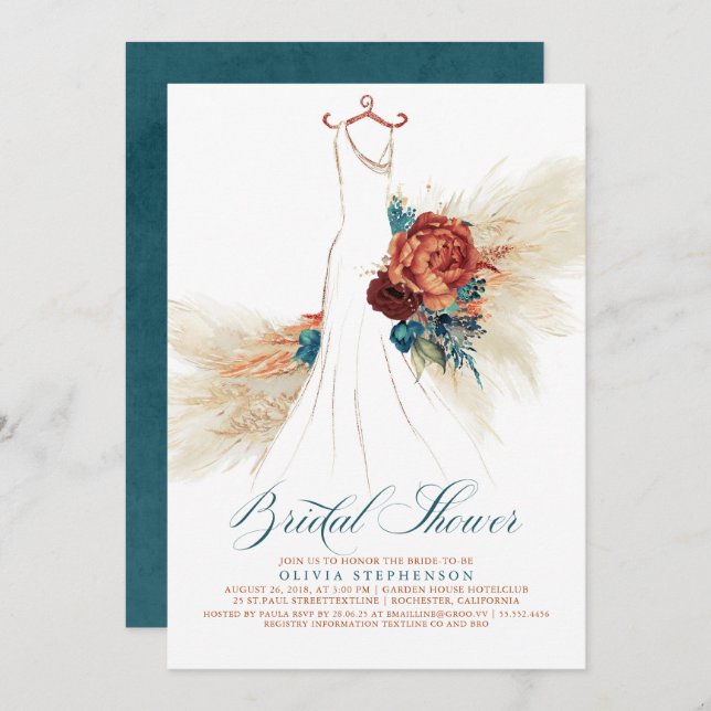 Teal Blue Terracotta Floral Boho Bridal Shower Invitation (Front/Back)
