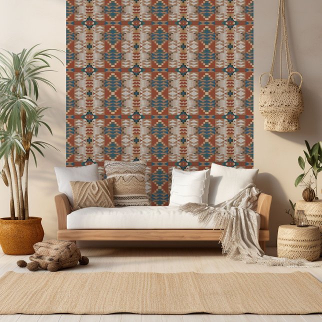 Teal Blue Terracotta Orange Beige Brown Tribal Art Wallpaper (Creator Uploaded)
