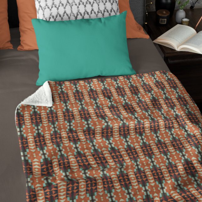 Teal Blue Terracotta Orange Red Brown Tribal Art Fleece Blanket (Creator Uploaded)