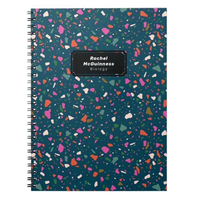 Teal Blue Terrazzo Notebook with Name and Subject (Front)