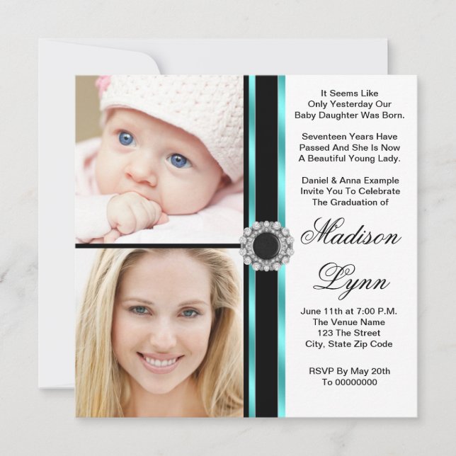 Teal Blue Then and Now Photo Graduation Invitation (Front)