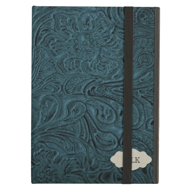 Teal Blue Tooled Leather Look Personalised iPad Air Case (Front Closed)
