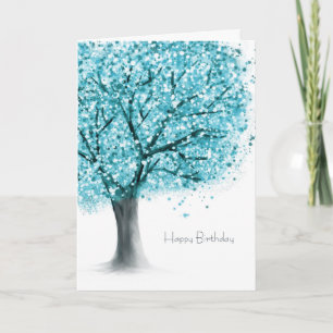 Teal blue tree abstract birthday card