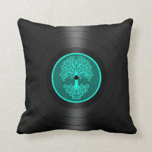 Teal Blue Tree of Life Vinyl Record Graphic Cushion