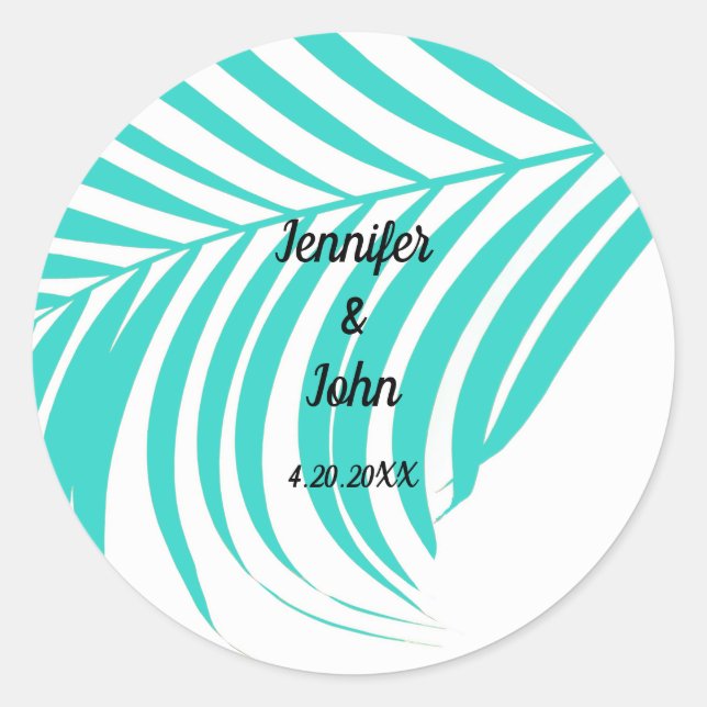 Teal Blue Tropical Palm Tree Leaf Nautical Wedding Classic Round Sticker (Front)
