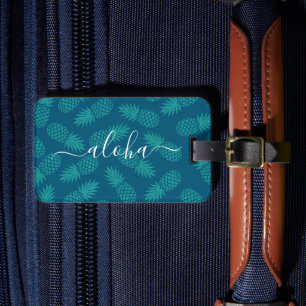 Teal Blue Tropical Pineapple Pattern Aloha Script  Luggage Tag