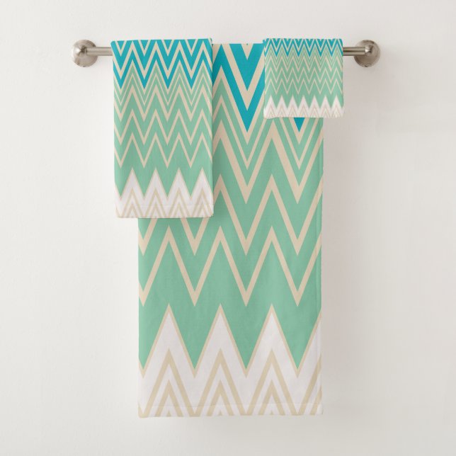 Teal Blue, turquoise and Green Zigzags   Bath Towel Set (Insitu)