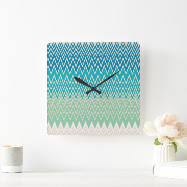 Teal Blue, turquoise and Green Zigzags   Square Wall Clock (Home)