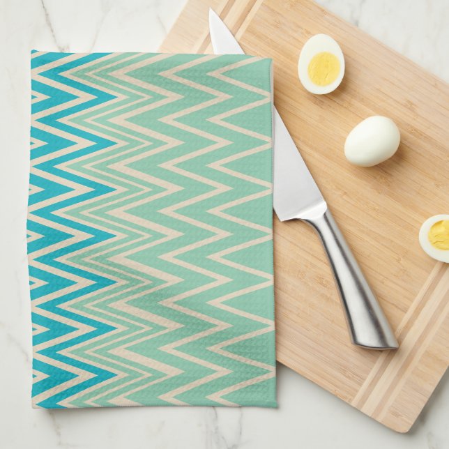 Teal Blue, turquoise and Green Zigzags   Tea Towel (Quarter Fold)