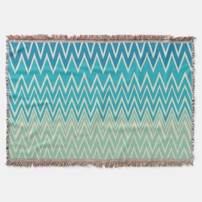 Teal Blue, turquoise and Green Zigzags   Throw Blanket (Front)