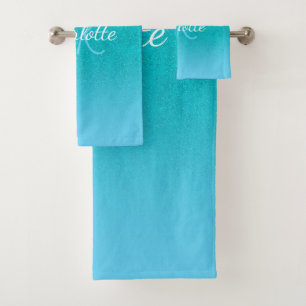 Teal blue Turquoise glitter aqua monogram initials Bath Towel Set