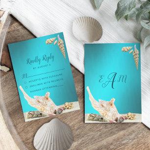 Teal Blue Turquoise Seashell Beach Wedding  RSVP Card