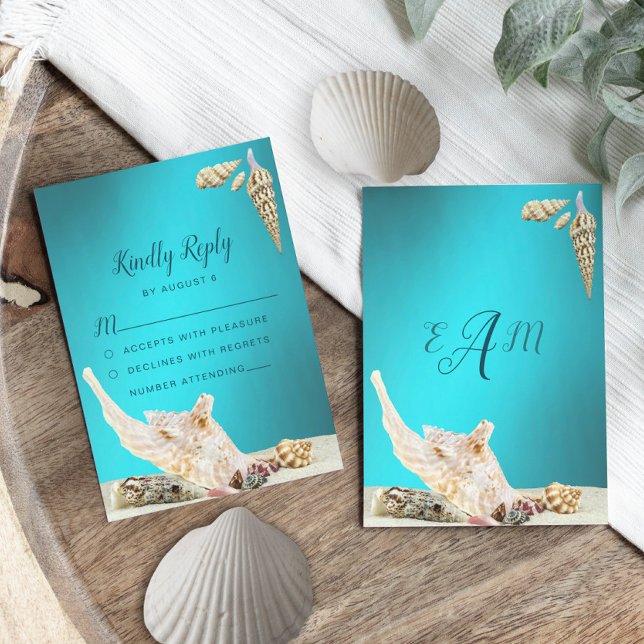 Teal Blue Turquoise Seashell Beach Wedding  RSVP Card (Creator Uploaded)