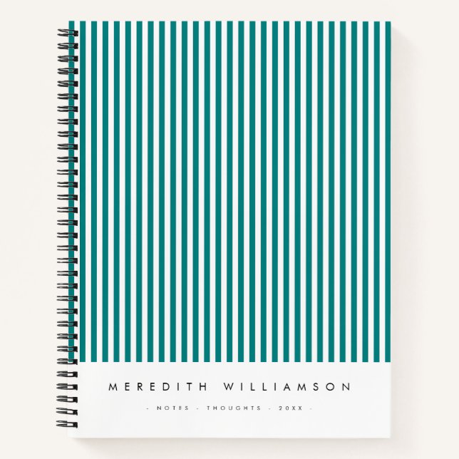 Teal Blue Vertical Stripe Personalised Notebook (Front)