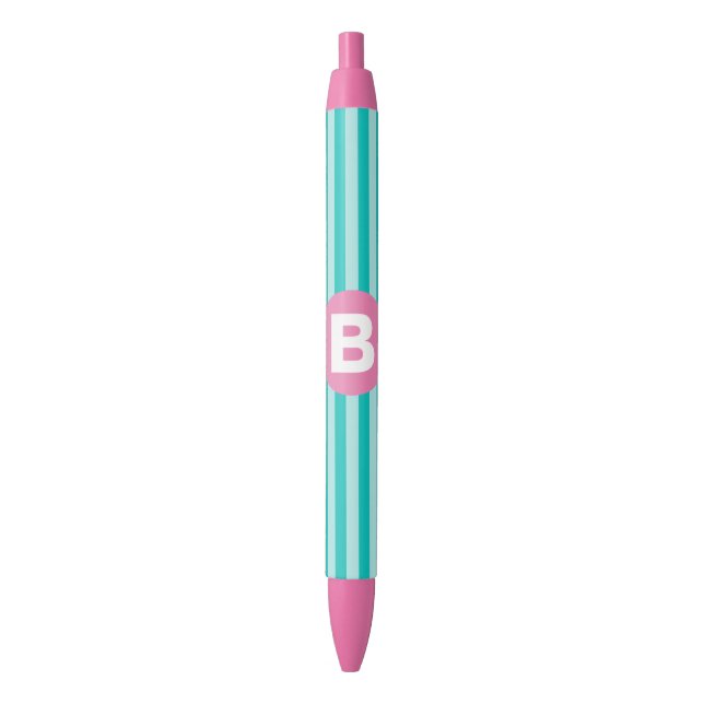Teal Blue Vertical Striped Pink Circle Monogram Black Ink Pen (Front Vertical)