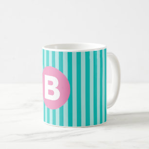 Teal Blue Vertical Striped Pink Circle Monogram Coffee Mug