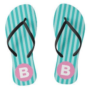 Teal Blue Vertical Striped Pink Circle Monogram Jandals