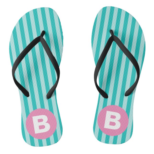 Teal Blue Vertical Striped Pink Circle Monogram Jandals (Footbed)
