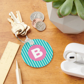 Teal Blue Vertical Striped Pink Circle Monogram Key Ring