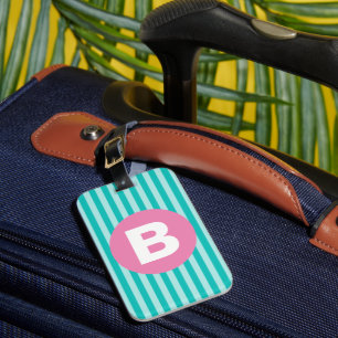 Teal Blue Vertical Striped Pink Circle Monogram Luggage Tag