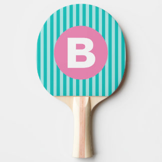 Teal Blue Vertical Striped Pink Circle Monogram Ping Pong Paddle