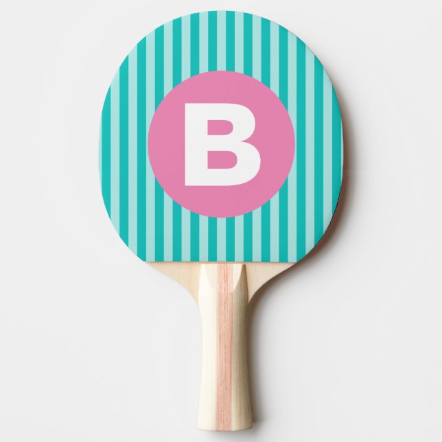 Teal Blue Vertical Striped Pink Circle Monogram Ping Pong Paddle (Front)