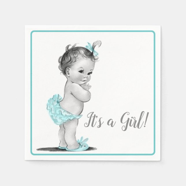 Teal Blue Vintage Baby Girl Baby Shower Napkins (Front)
