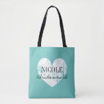 Teal blue vintage love heart bridesmaid tote bag<br><div class="desc">Mke your own classy turquoise / teal blue weathered heart bridesmaid tote bag. Personalised heart bridesmaid tote bags for team bride. Beautiful vintage look design with elegant script text and custom name. Make one for bridesmaids, flower girl, maid of honour, matron of honour, mother of the bride etc. Cute design...</div>