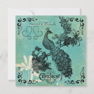 Teal Blue  Vintage Peacock Wedding Invitation