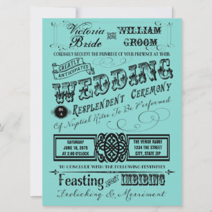 Teal Blue Vintage Typography Wedding Invitation
