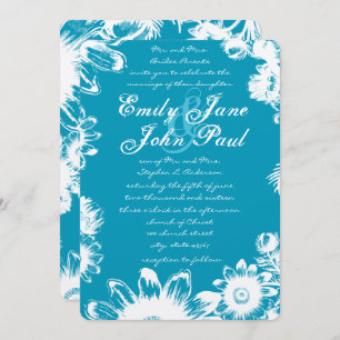 Teal Blue Vintage Wildflower Wedding Invitations