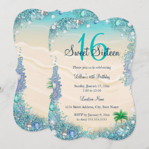 Teal Blue Water Ocean Sand Pearls Sweet 16 Party Invitation