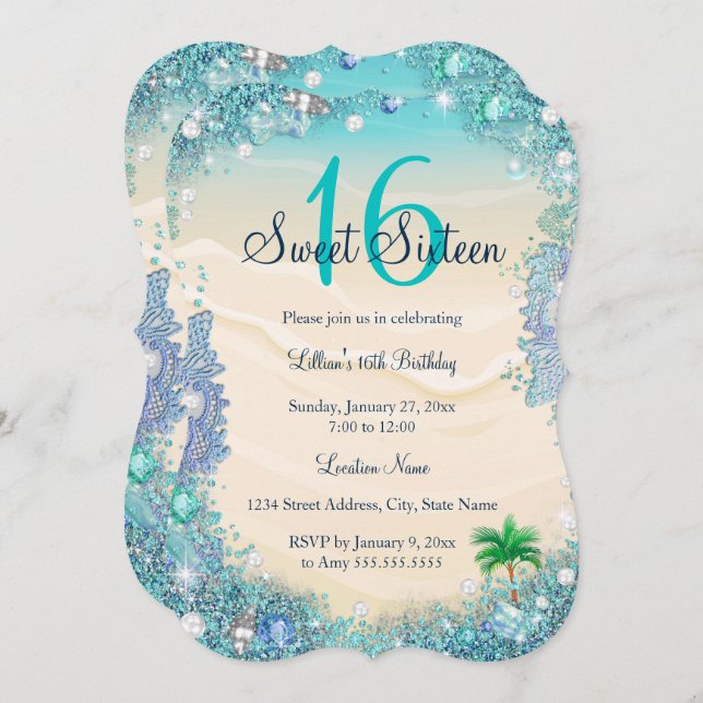 Teal Blue Water Ocean Sand Pearls Sweet 16 Party Invitation (Front/Back)
