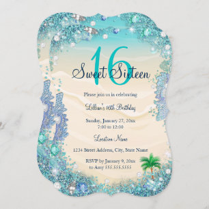 Teal Blue Water Ocean Sand Pearls Sweet 16 Party Invitation