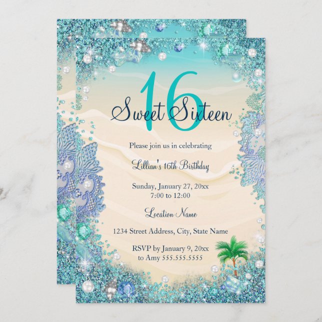Teal Blue Water Ocean Sand Pearls Sweet 16 Party Invitation (Front/Back)