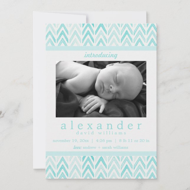 Teal /Blue Watercolor Chevron Pattern Baby Birth (Front)