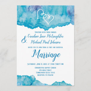 Teal Blue Watercolor Double Hearts Wedding Invitation