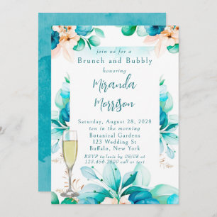 Teal Blue Watercolor Floral Brunch and Bubbly Invi Invitation