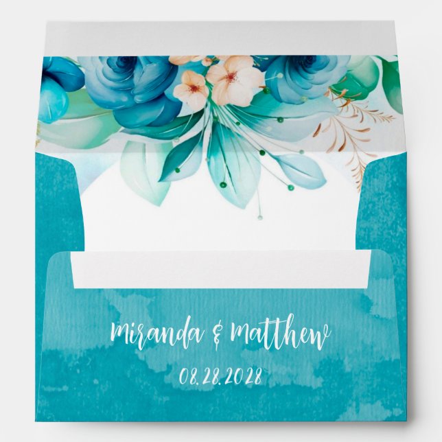 Teal Blue Watercolor Floral Geometric Wedding Envelope (Back (Bottom))