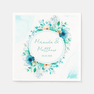 Teal Blue Watercolor Floral Geometric Wedding  Napkin