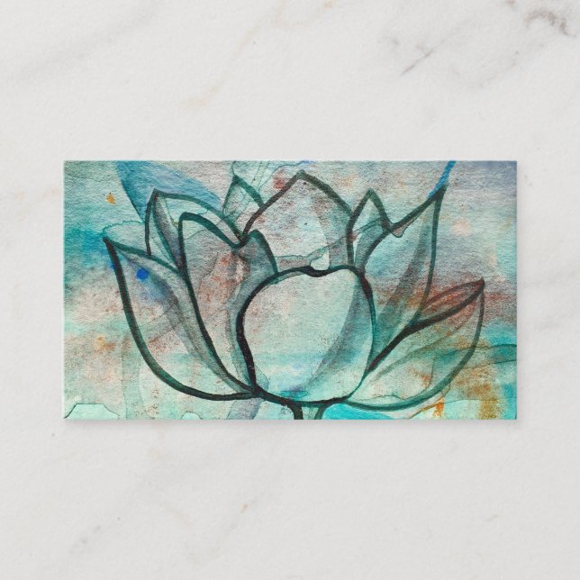    Teal Blue Watercolor Flower Elegant Artsy Lotus Business Card (Front)