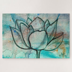    Teal Blue Watercolor Flower Elegant Artsy Lotus Jigsaw Puzzle