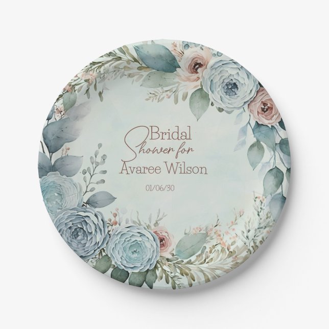 Teal Blue Watercolor Flowers Shower Paper Plate (Front)